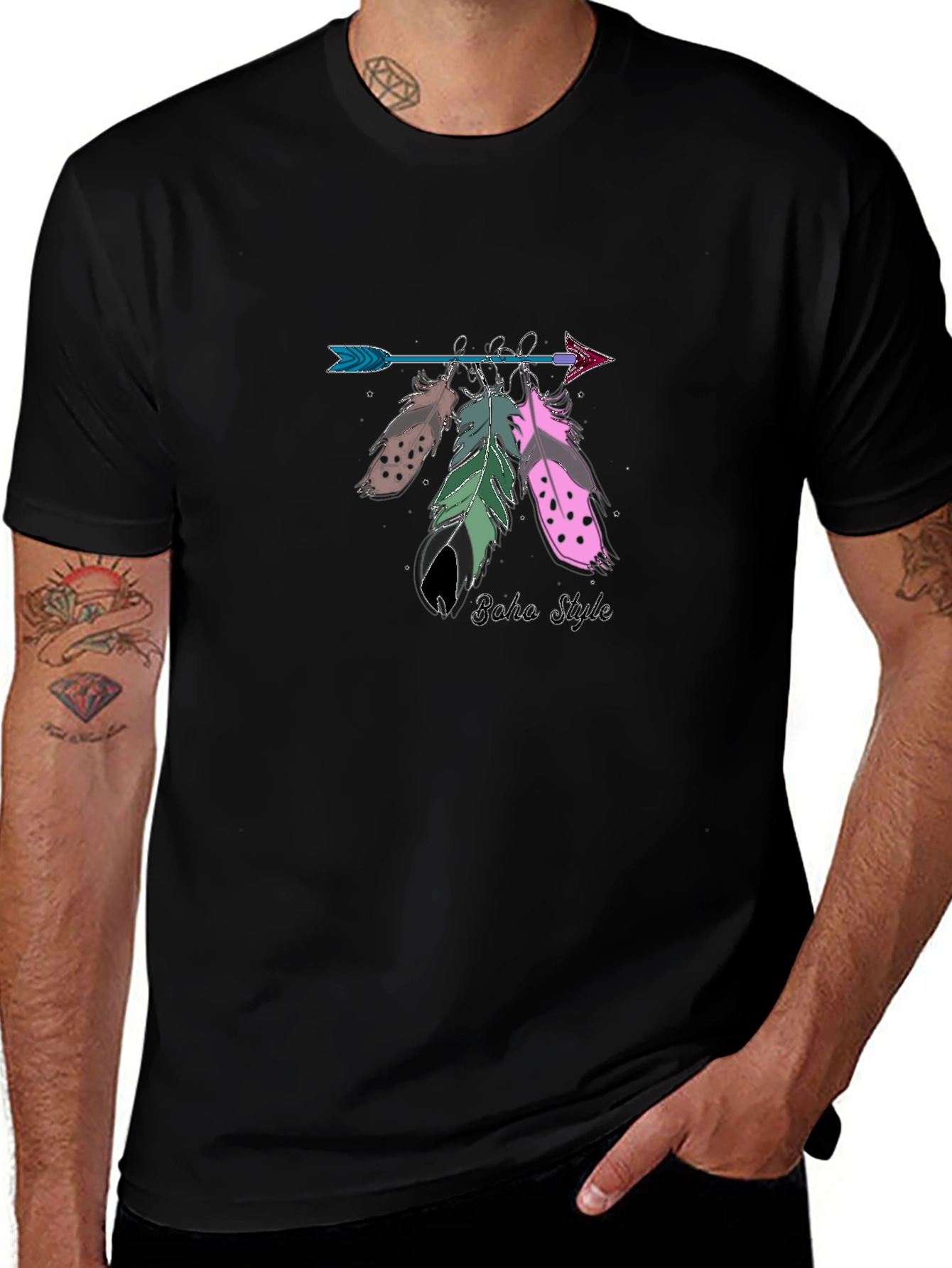Boho Style Arrow & Feathers Black T-Shirt