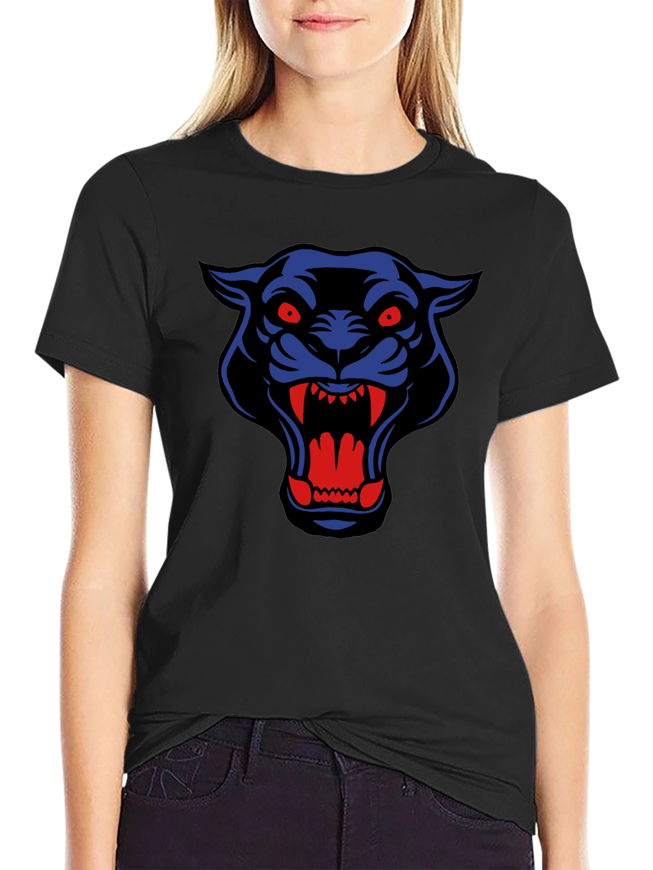 Black T-Shirt with Blue & Red Panther Graphic