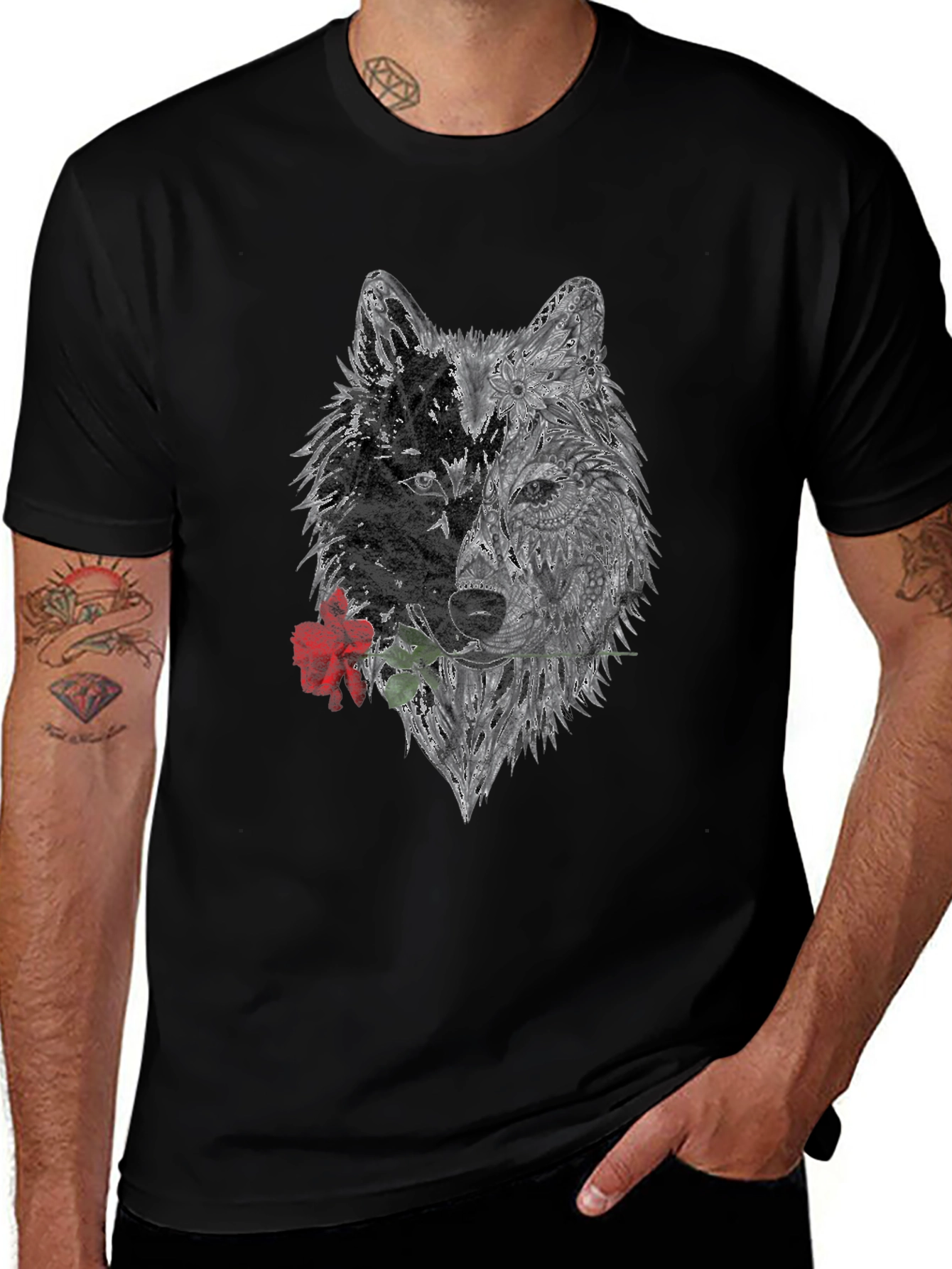 Black Wolf Rose Graphic T-Shirt