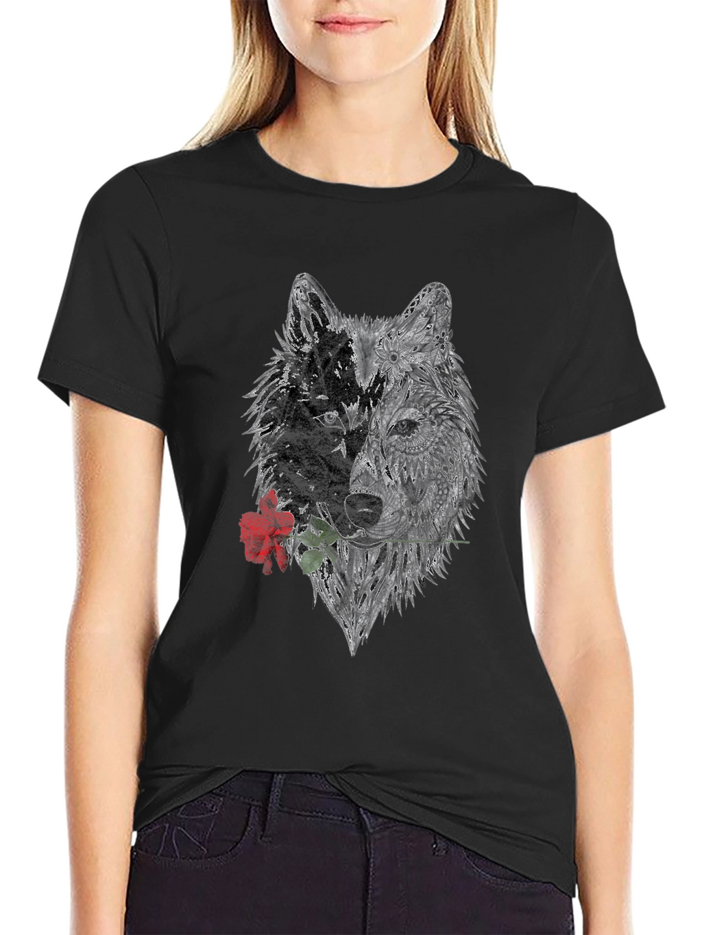 Black Wolf Rose Graphic T-Shirt