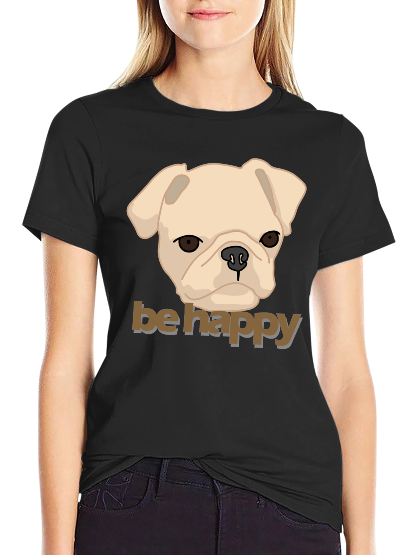 Be Happy Pug Graphic Tee - Mens Black Cotton T-Shirt