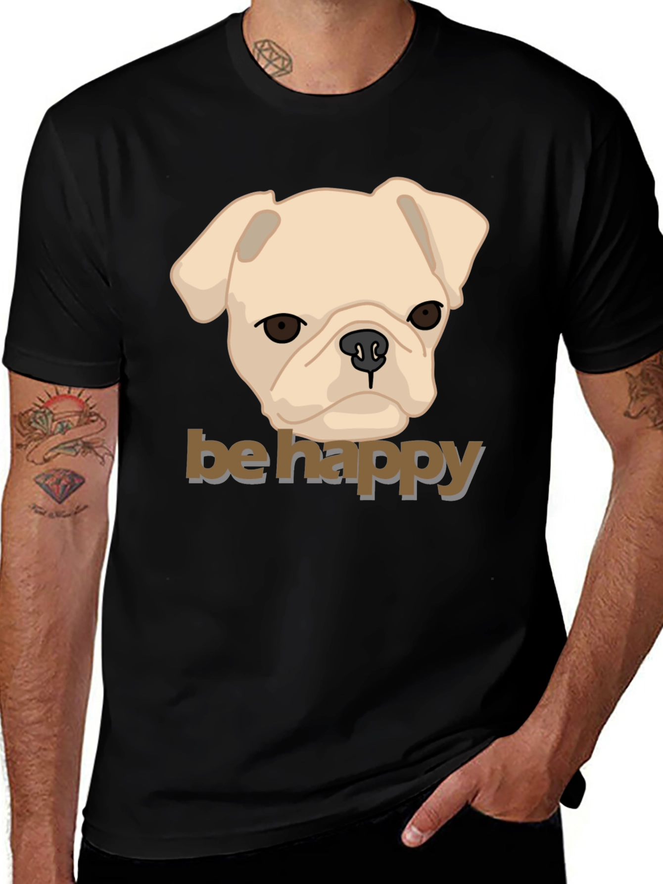 Be Happy Pug Graphic Tee - Mens Black Cotton T-Shirt