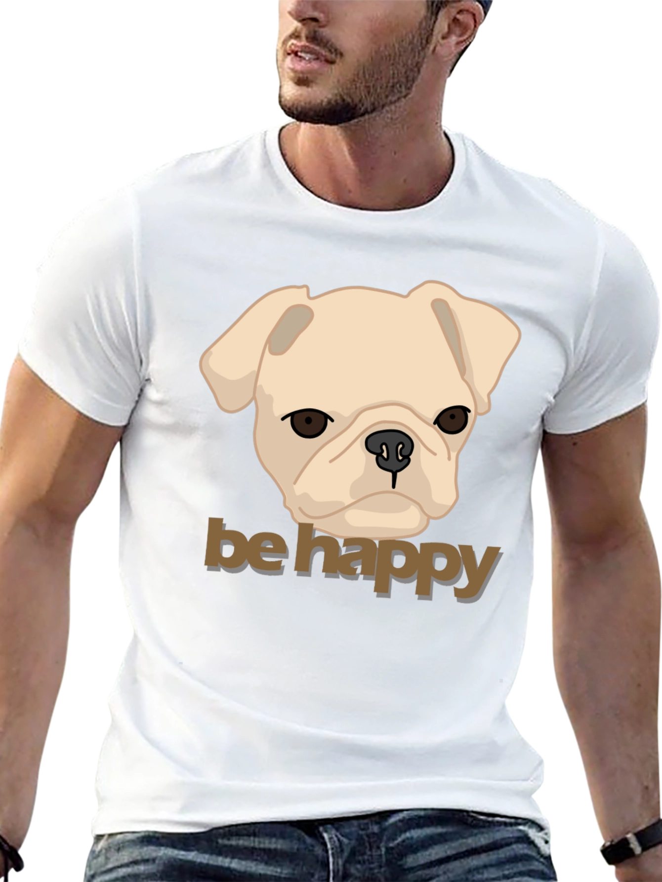Be Happy Pug Graphic Tee - Mens Black Cotton T-Shirt