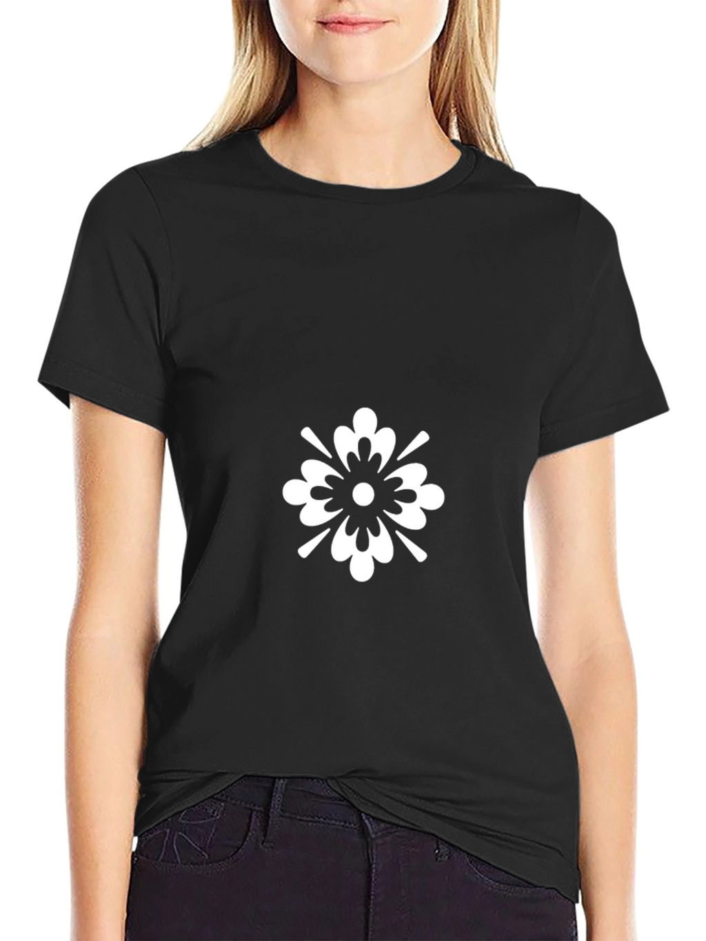 Black T-Shirt with White Floral Graphic
