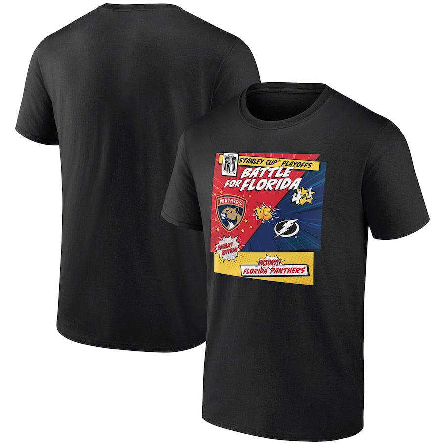 Men's Florida Panthers vs. Tampa Bay Lightning Black 2025 Stanley Cup Playoffs Rivalry Comic Pop T-Shirt