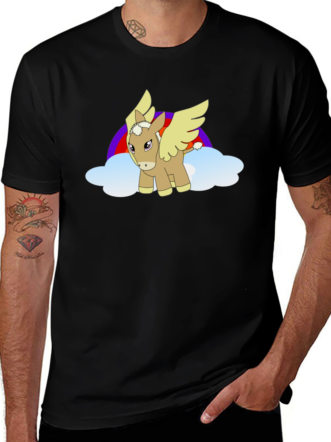 Black T-Shirt with Cartoon Pegasus Design