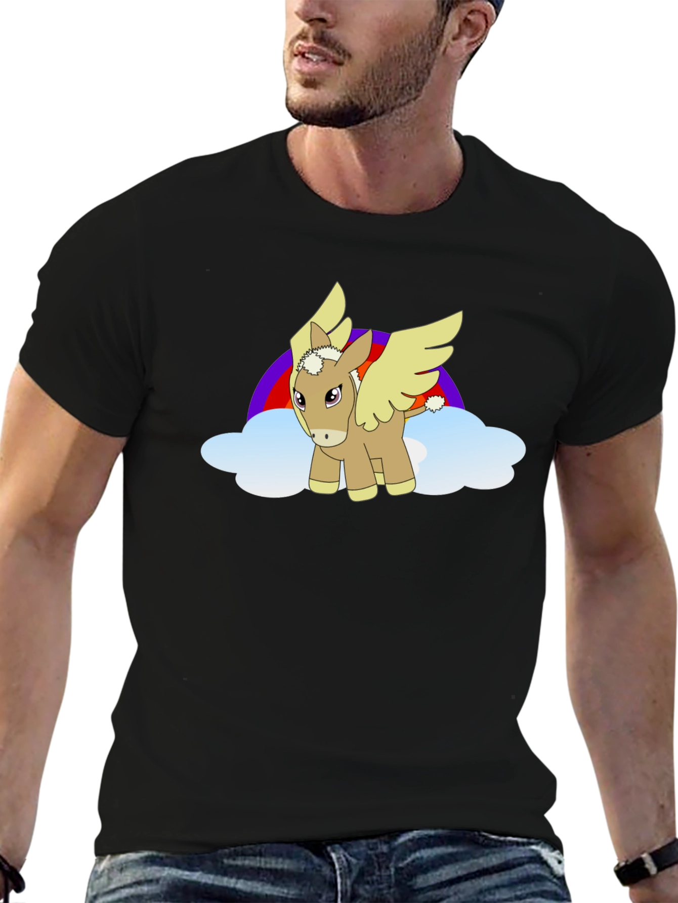 Black T-Shirt with Cartoon Pegasus Design