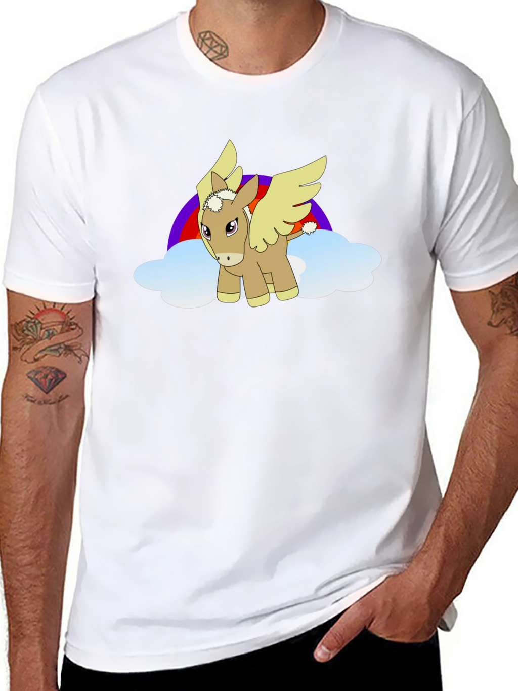 Black T-Shirt with Cartoon Pegasus Design