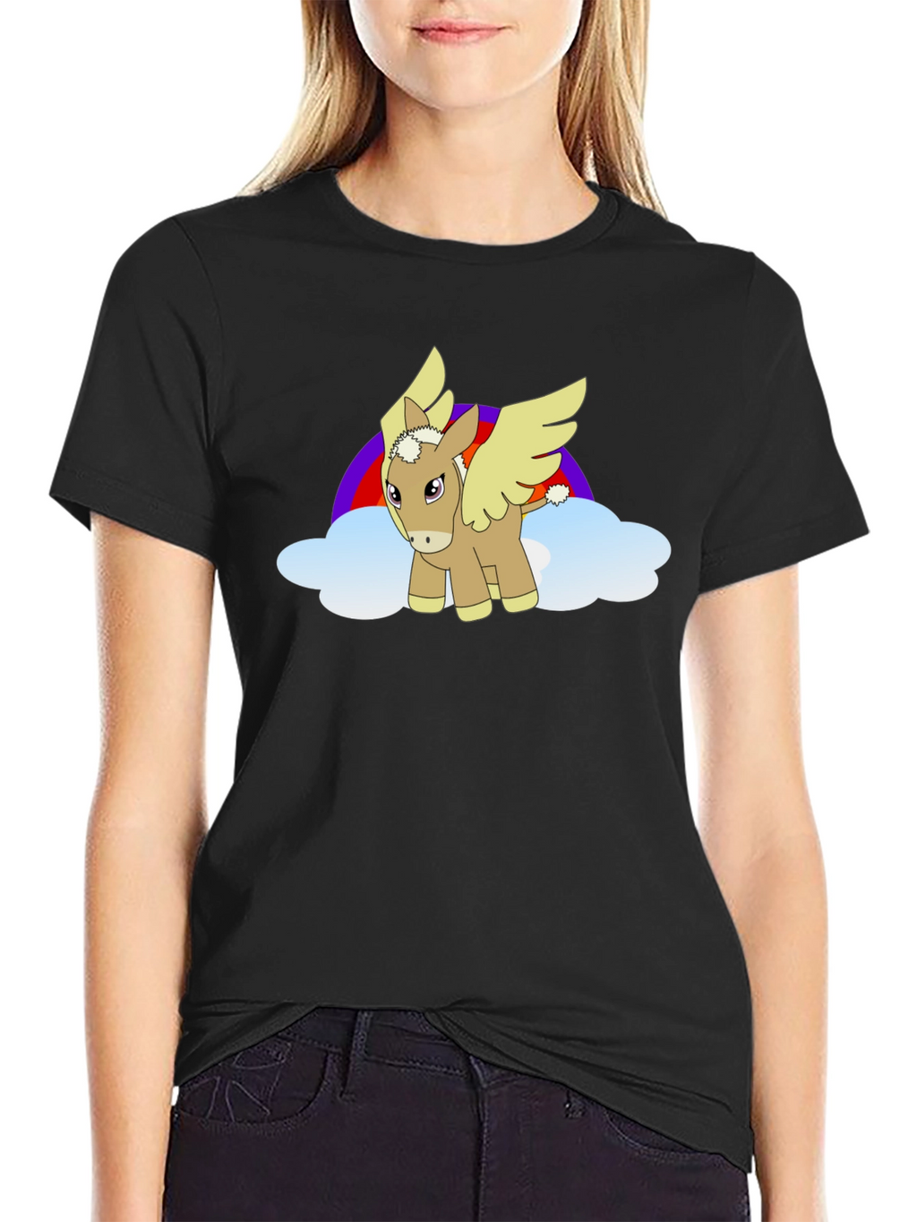 Black T-Shirt with Cartoon Pegasus Design