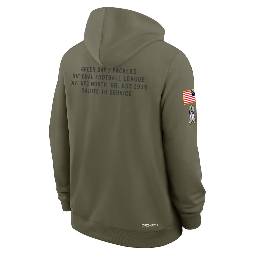 Men's Green Bay Packers Nike Olive 2025 Salute to Service Sideline Standard Issue Dri-FIT Hoodie