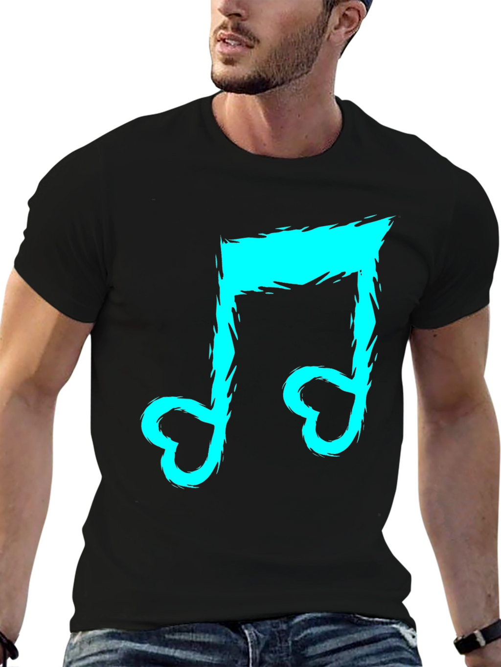 Black T-Shirt with Cyan Music Note Design