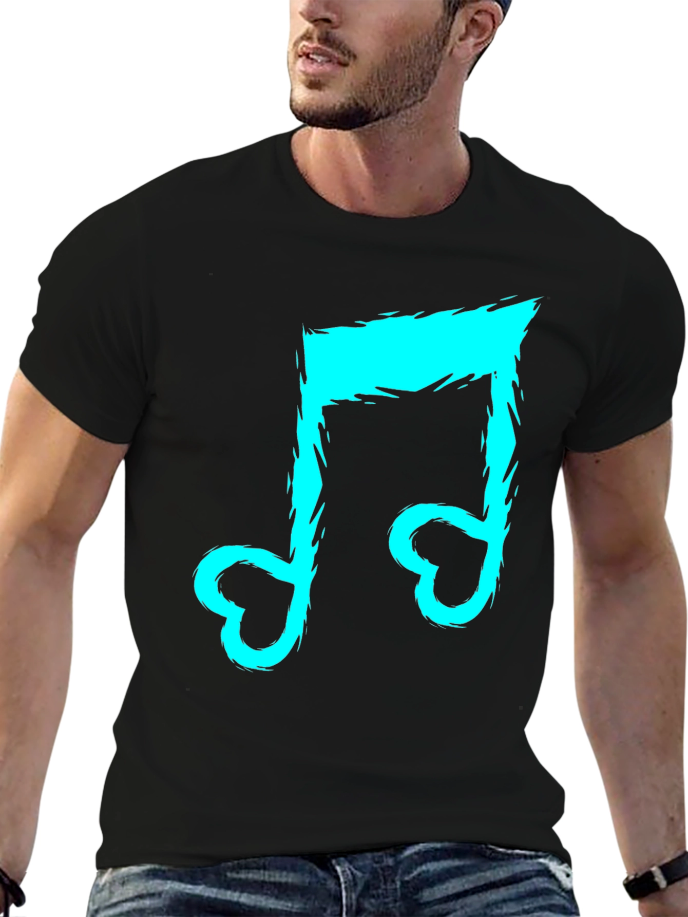 Black T-Shirt with Cyan Music Note Design