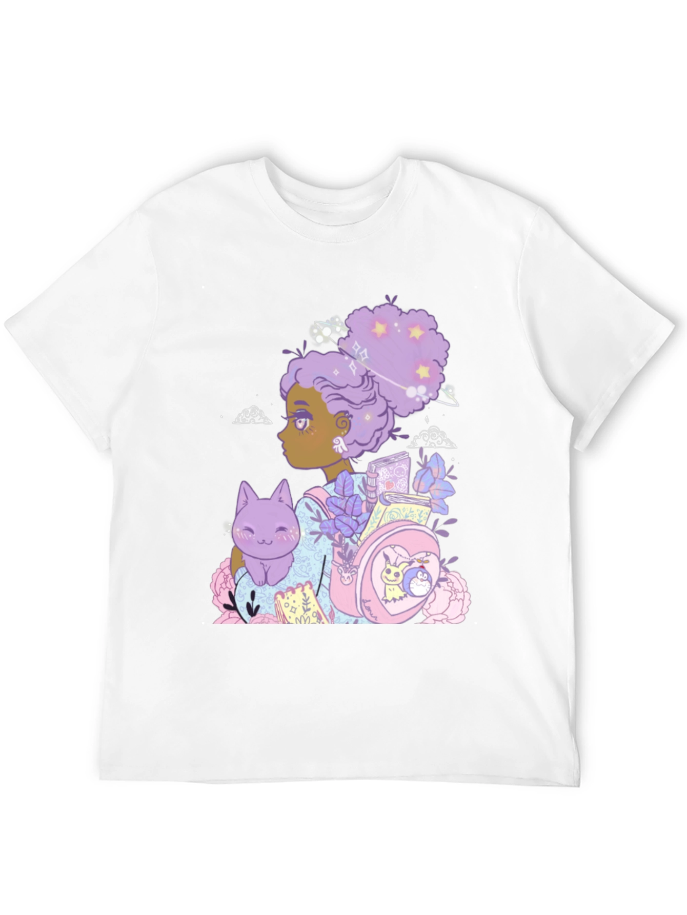 Anime Girl with Cat & Backpack Black T-Shirt