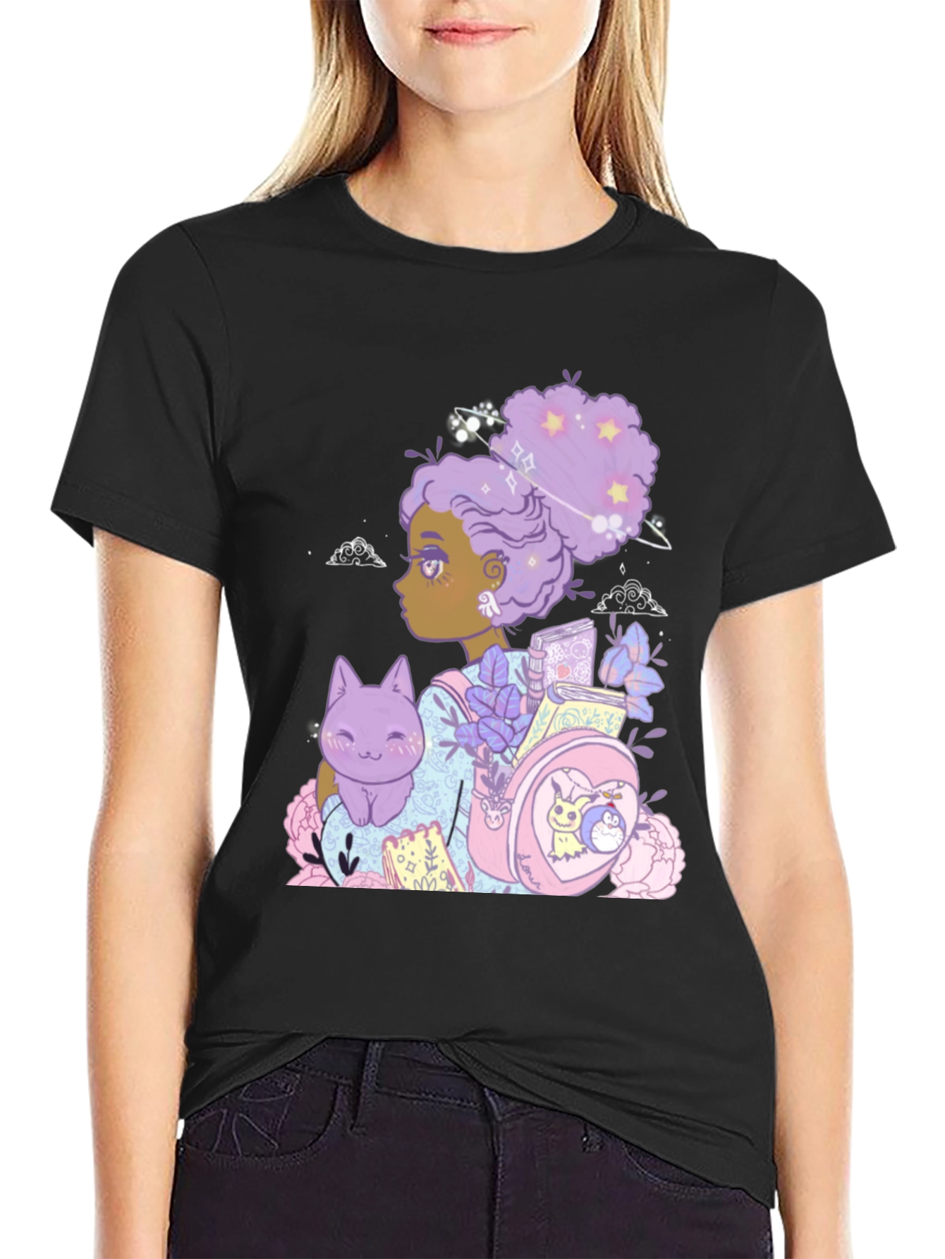 Anime Girl with Cat & Backpack Black T-Shirt