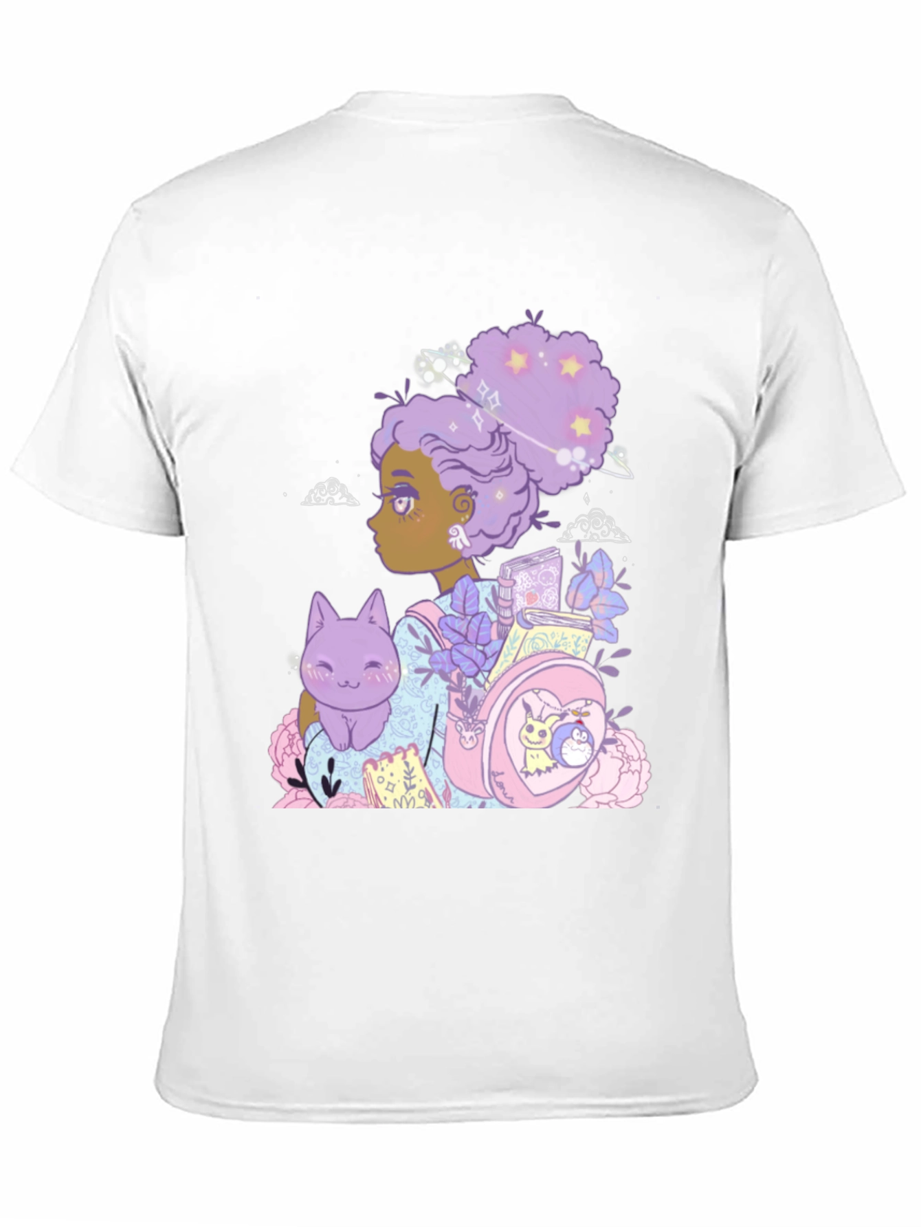 Anime Girl with Cat & Backpack Black T-Shirt