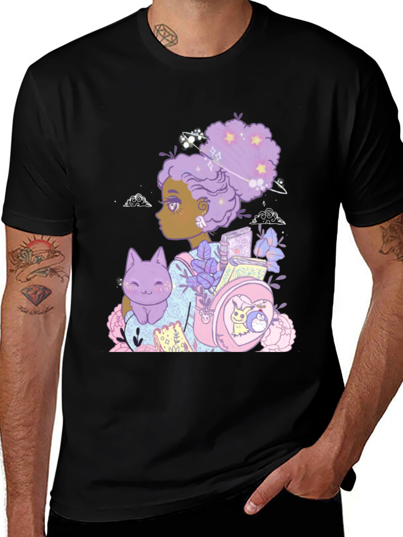 Anime Girl with Cat & Backpack Black T-Shirt