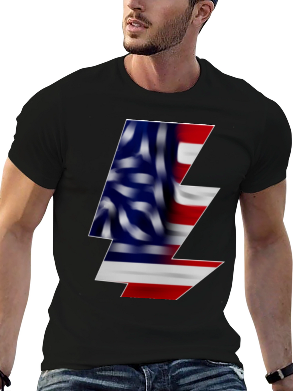 American Flag Lightning Bolt Black T-Shirt