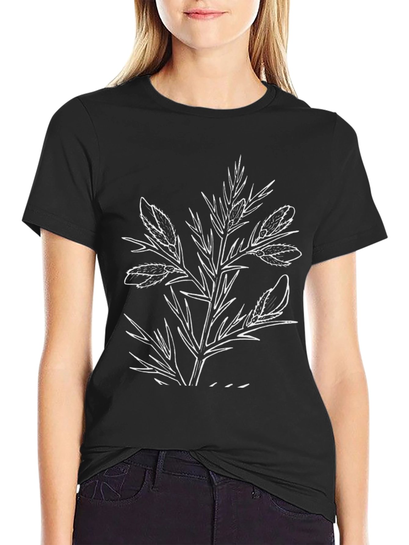Black Graphic Tee with Botanical Print