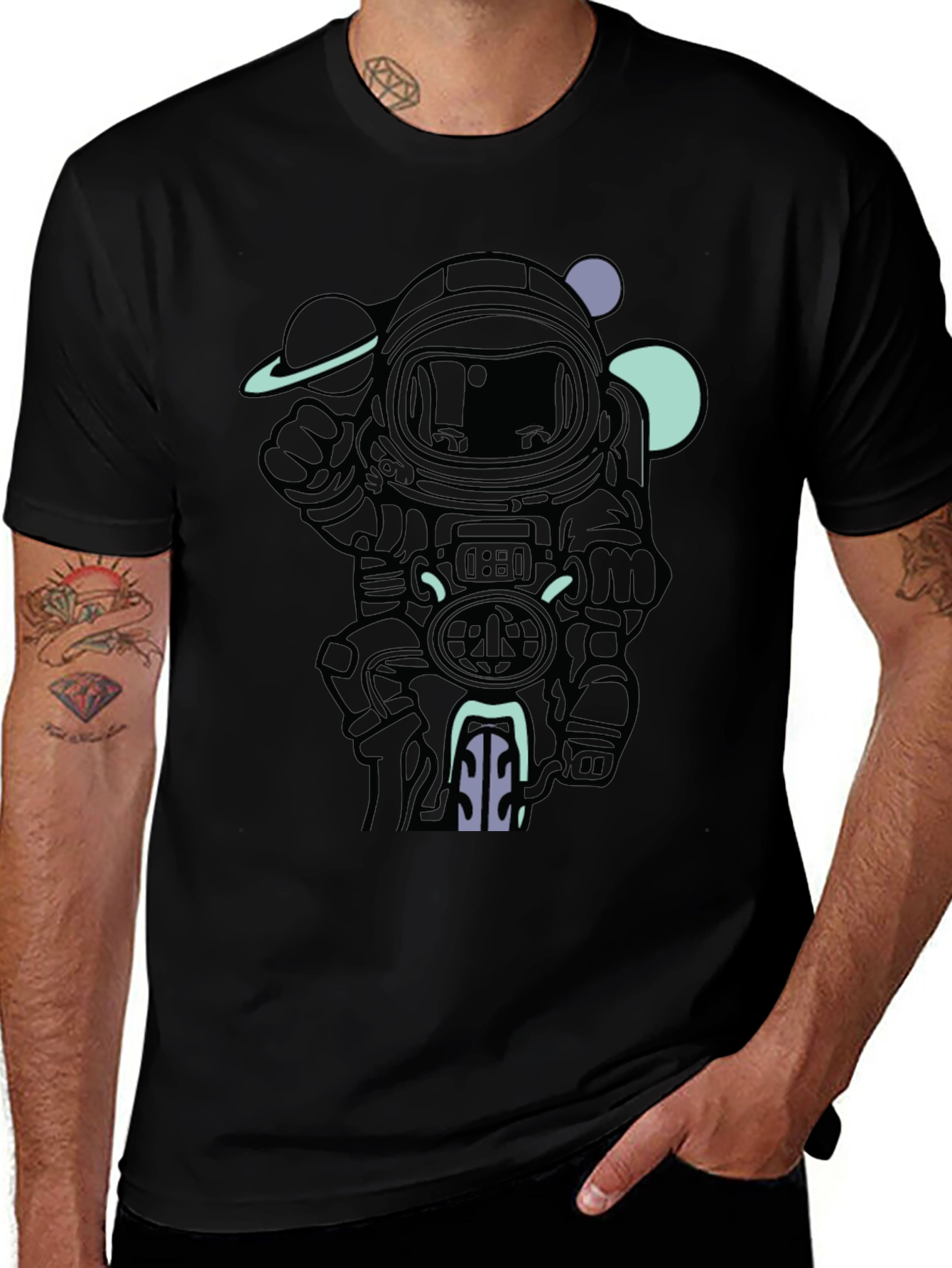 Astronaut Biker Graphic Tee - Black Cotton T-Shirt