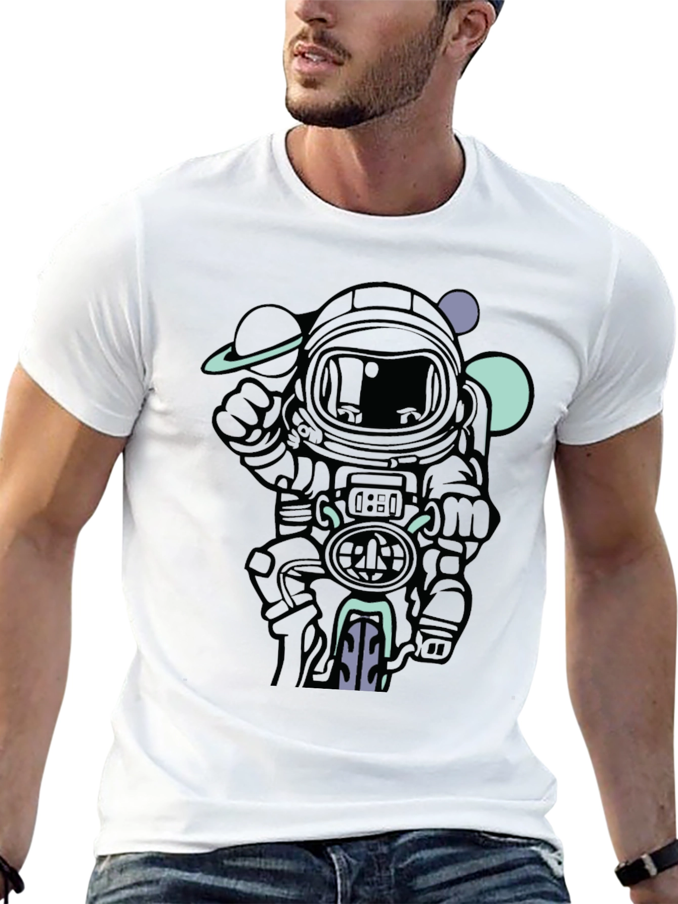 Astronaut Biker Graphic Tee - Black Cotton T-Shirt