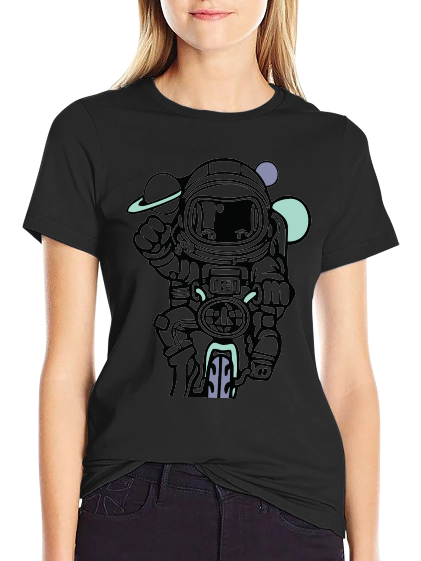 Astronaut Biker Graphic Tee - Black Cotton T-Shirt