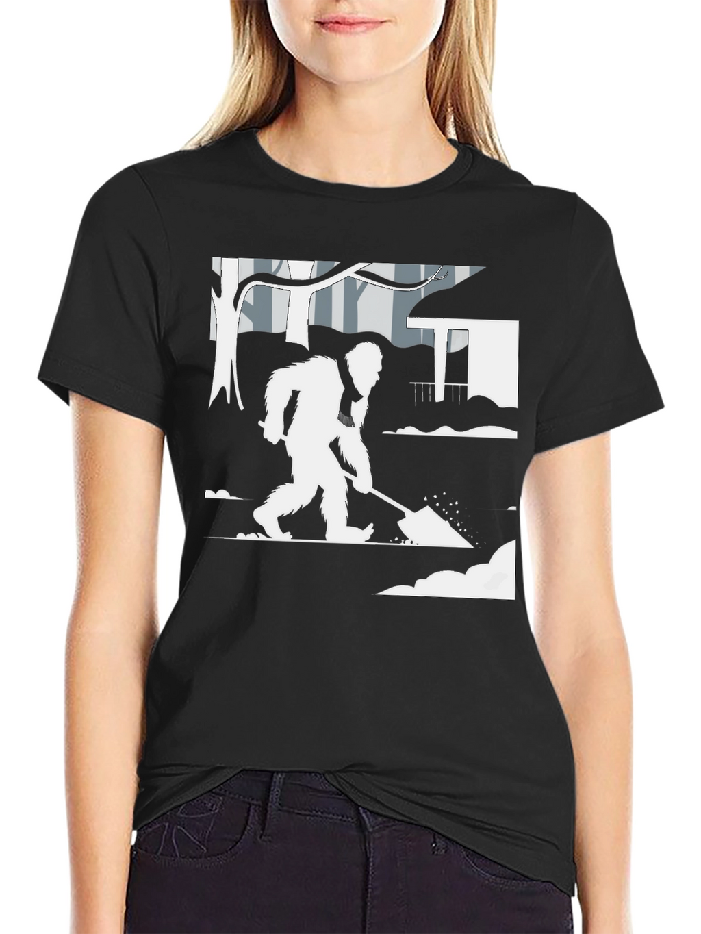 Bigfoot Shoveling Snow Graphic Tee - Black