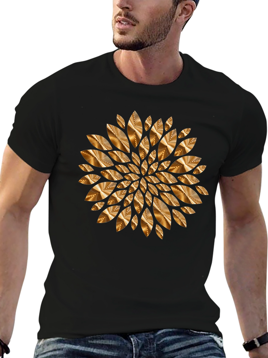 Abstract Golden Floral Mens Black Tee