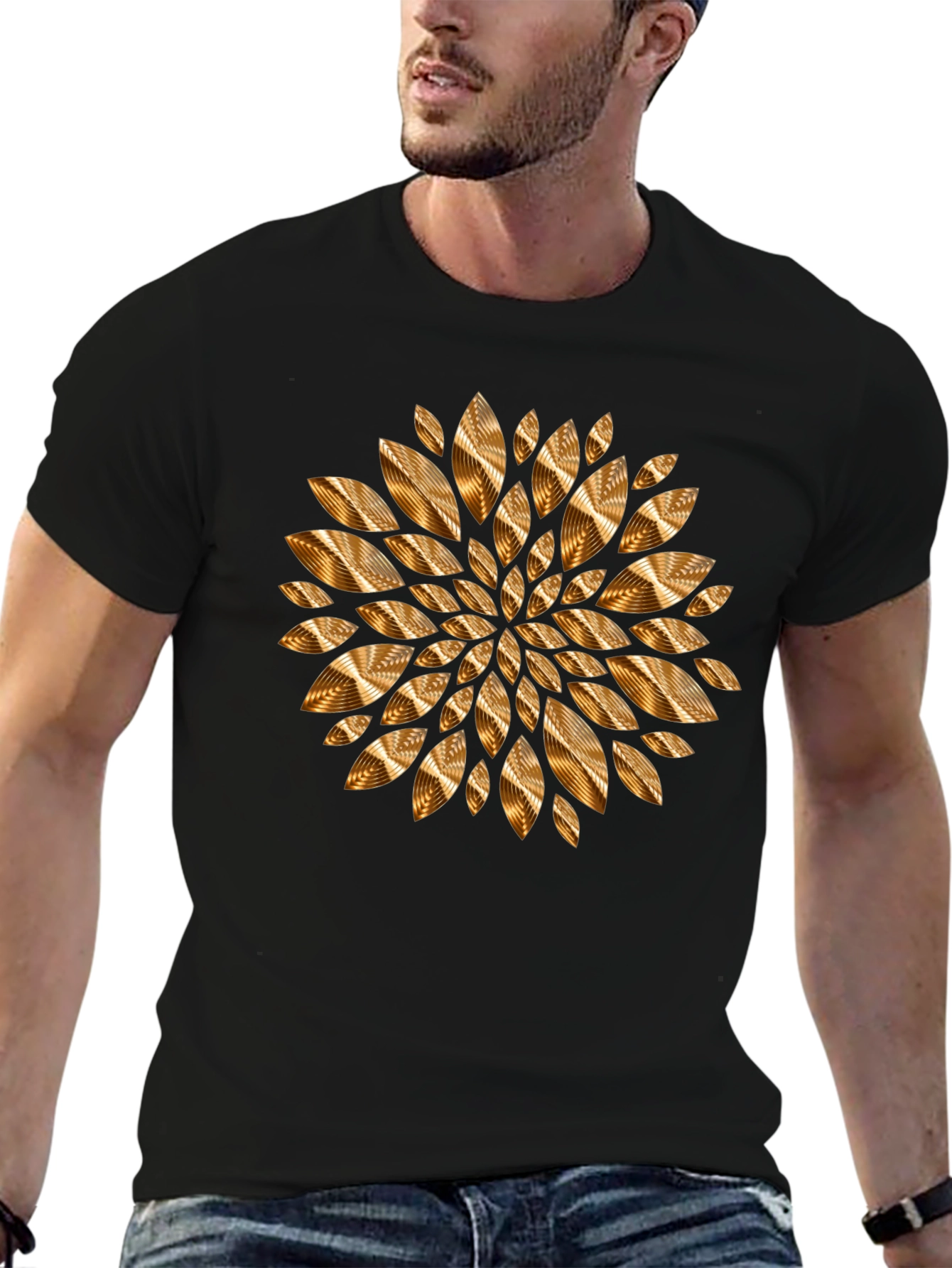 Abstract Golden Floral Mens Black Tee