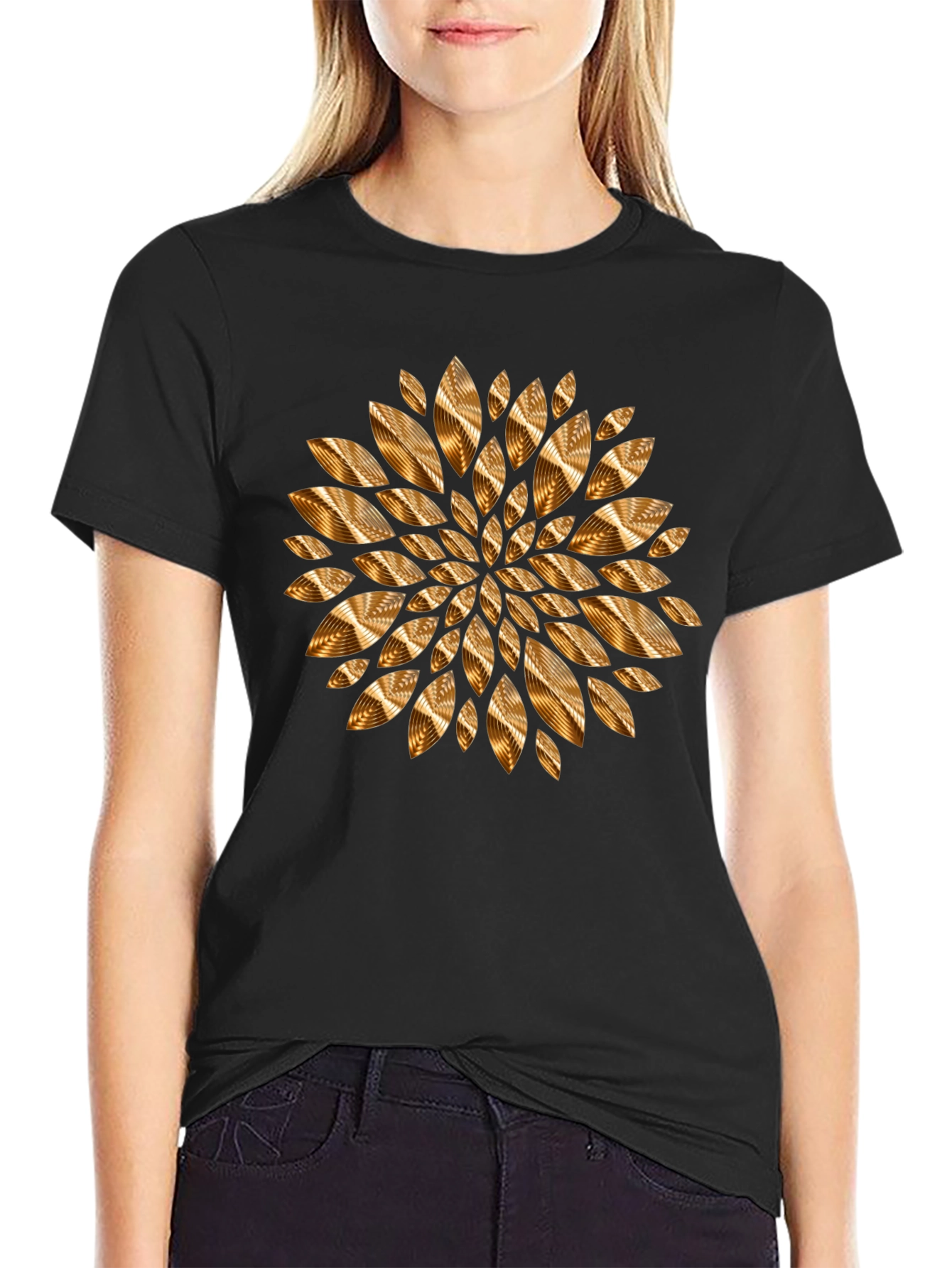 Abstract Golden Floral Mens Black Tee