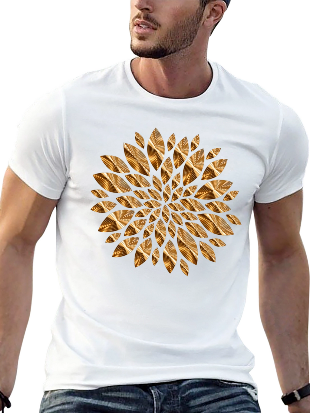 Abstract Golden Floral Mens Black Tee