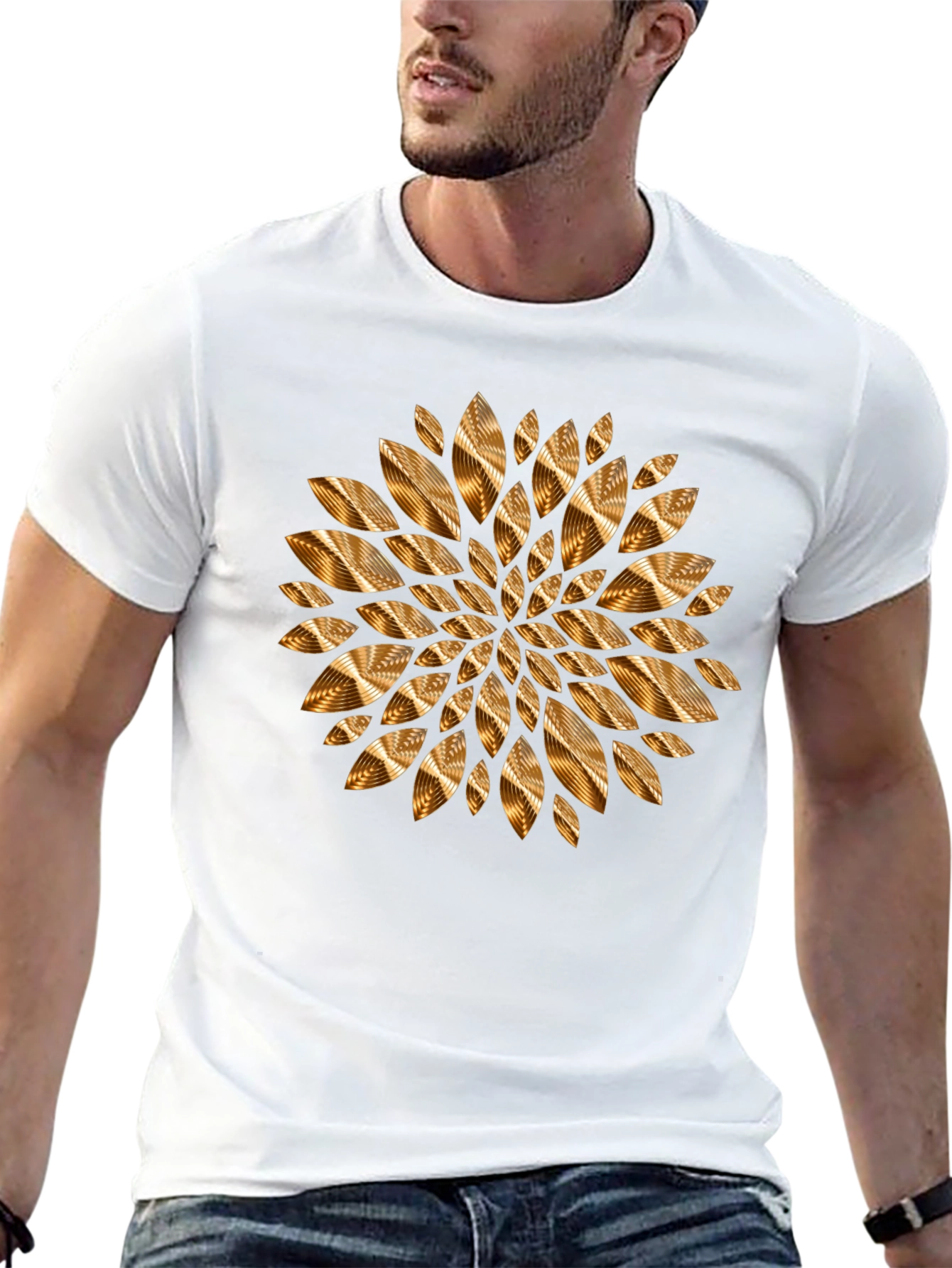 Abstract Golden Floral Mens Black Tee