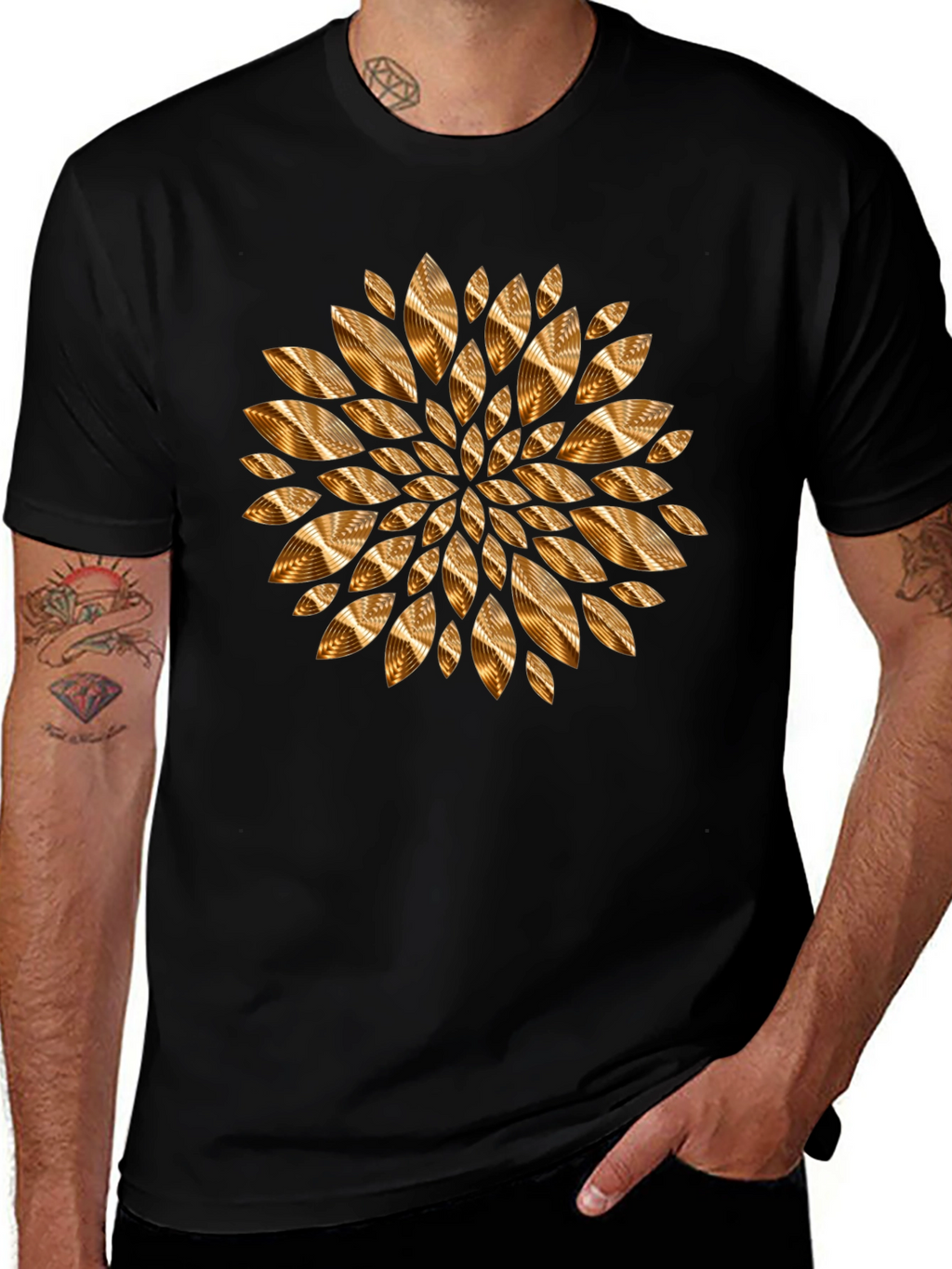 Abstract Golden Floral Mens Black Tee