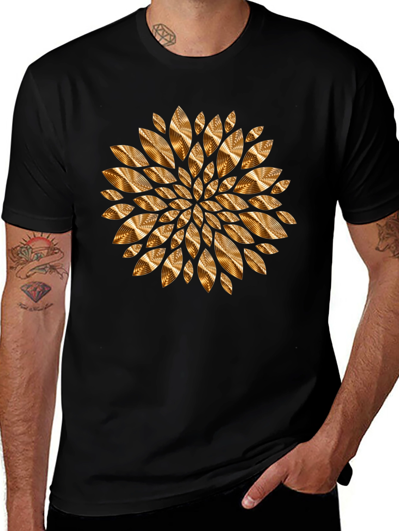 Abstract Golden Floral Mens Black Tee