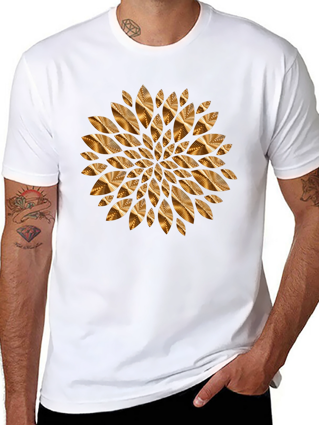 Abstract Golden Floral Mens Black Tee