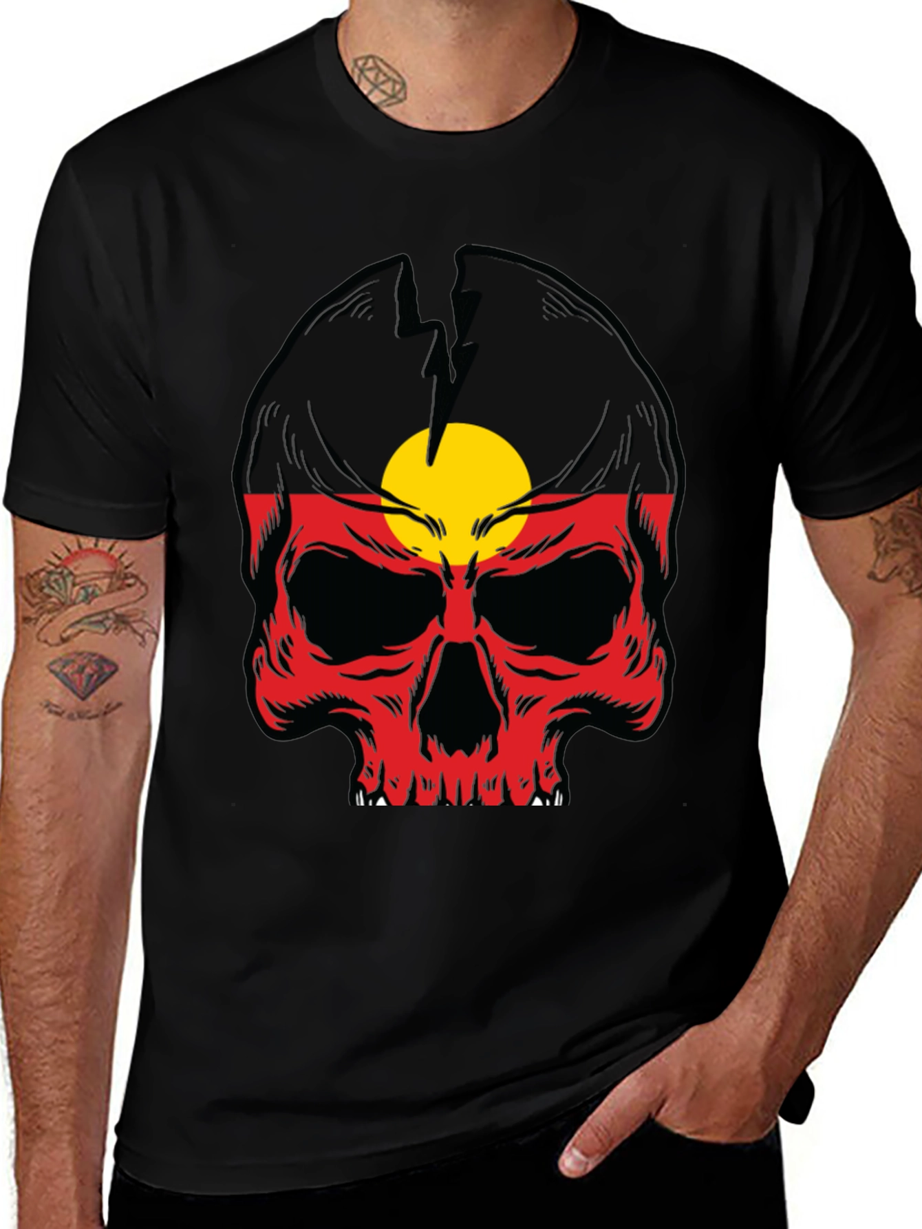 Aboriginal Flag Skull Graphic Tee - Black Cotton