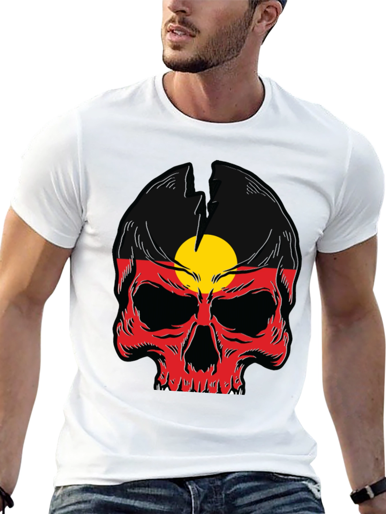 Aboriginal Flag Skull Graphic Tee - Black Cotton