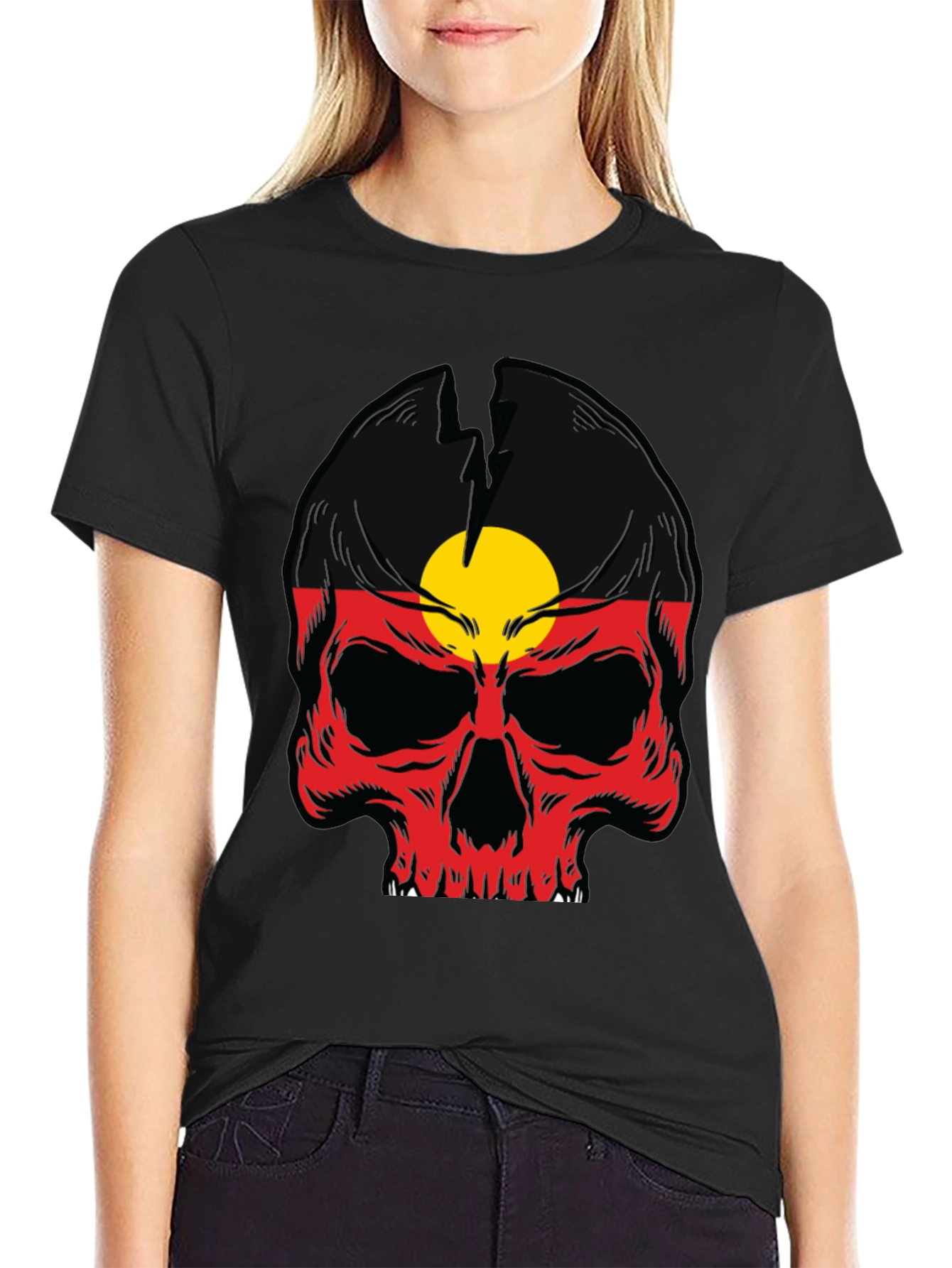 Aboriginal Flag Skull Graphic Tee - Black Cotton