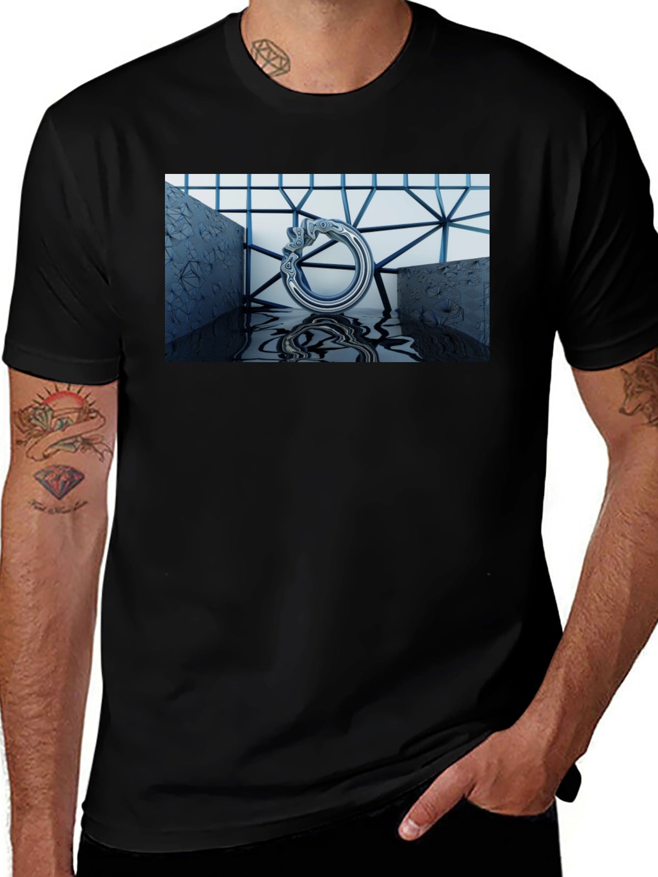 Abstract Silver Ring Design Black T-Shirt