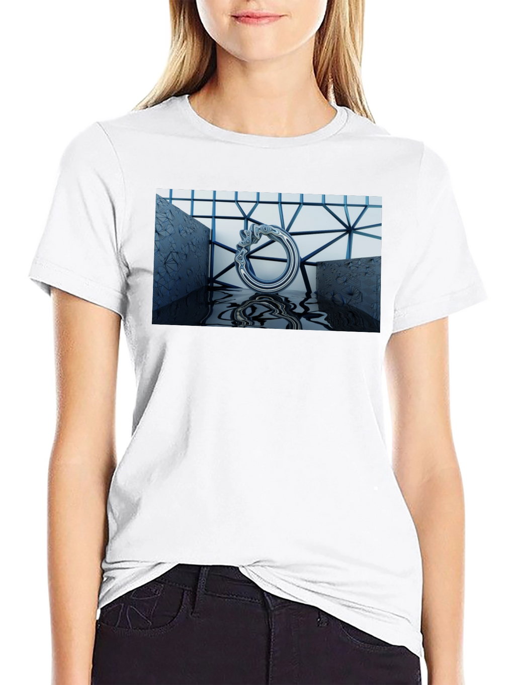 Abstract Silver Ring Design Black T-Shirt