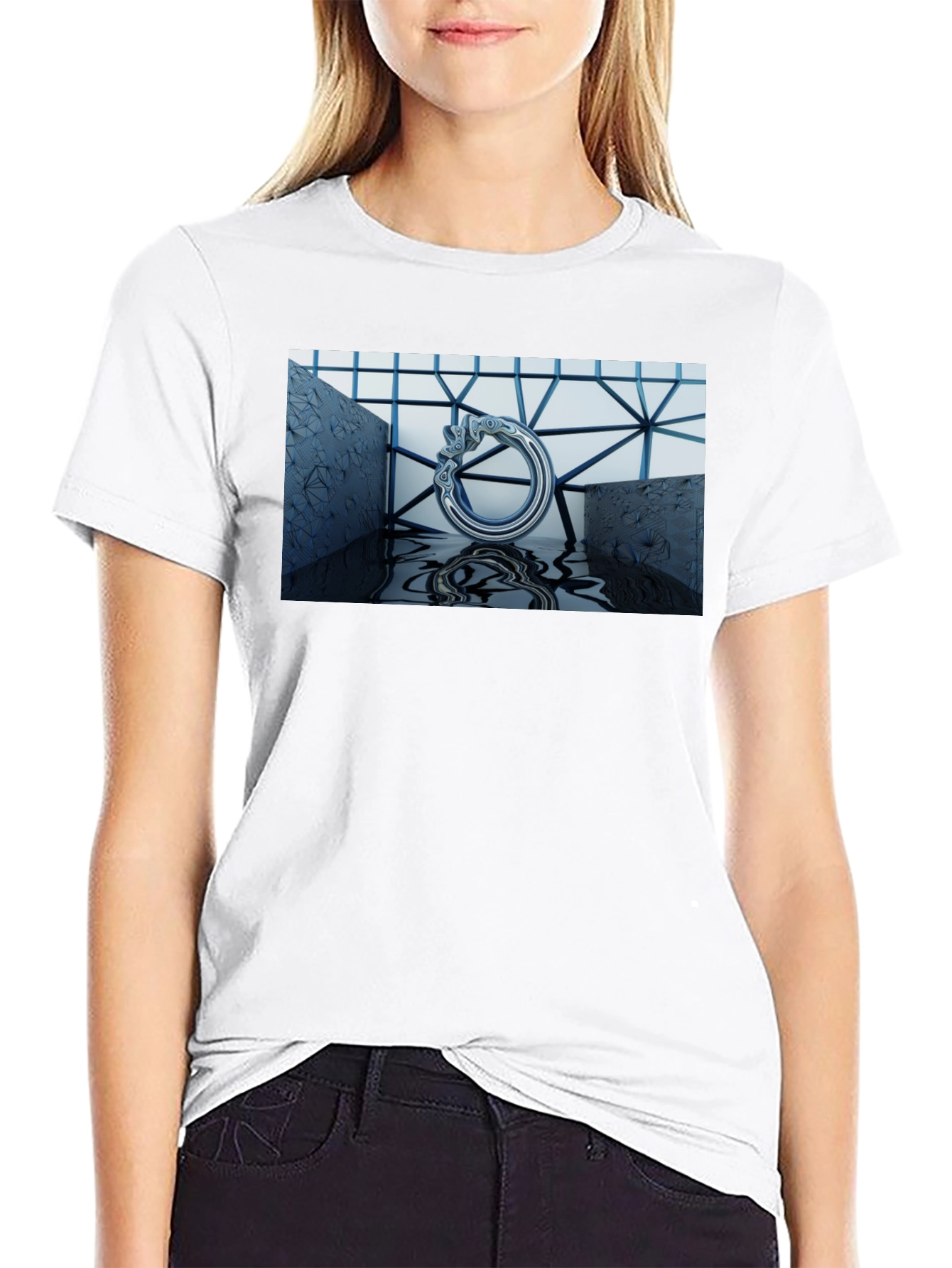 Abstract Silver Ring Design Black T-Shirt