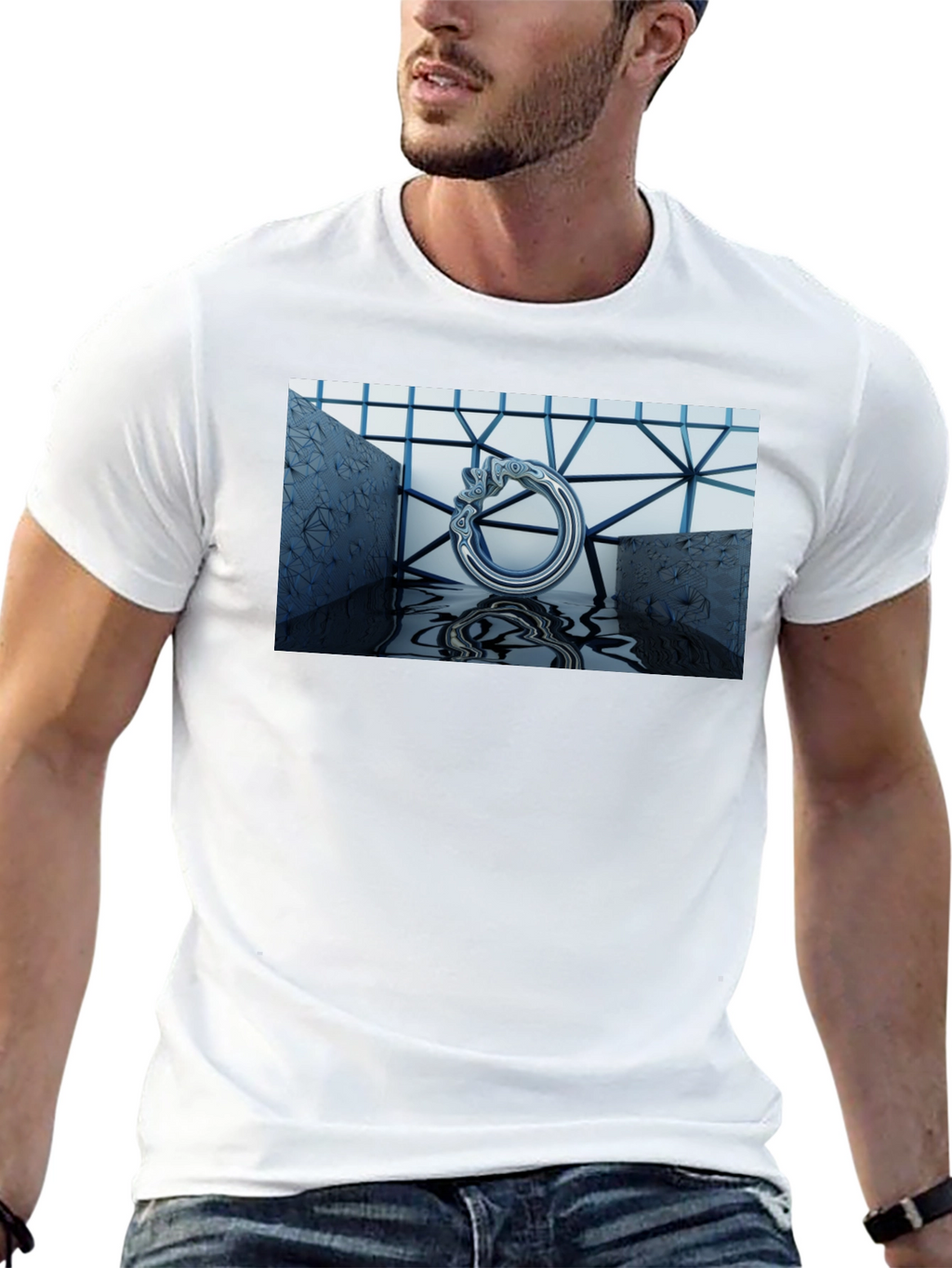 Abstract Silver Ring Design Black T-Shirt