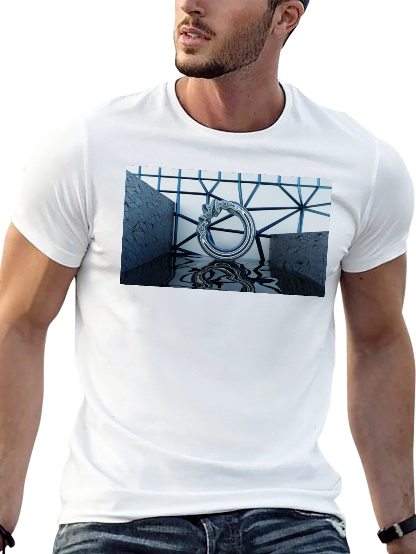 Abstract Silver Ring Design Black T-Shirt