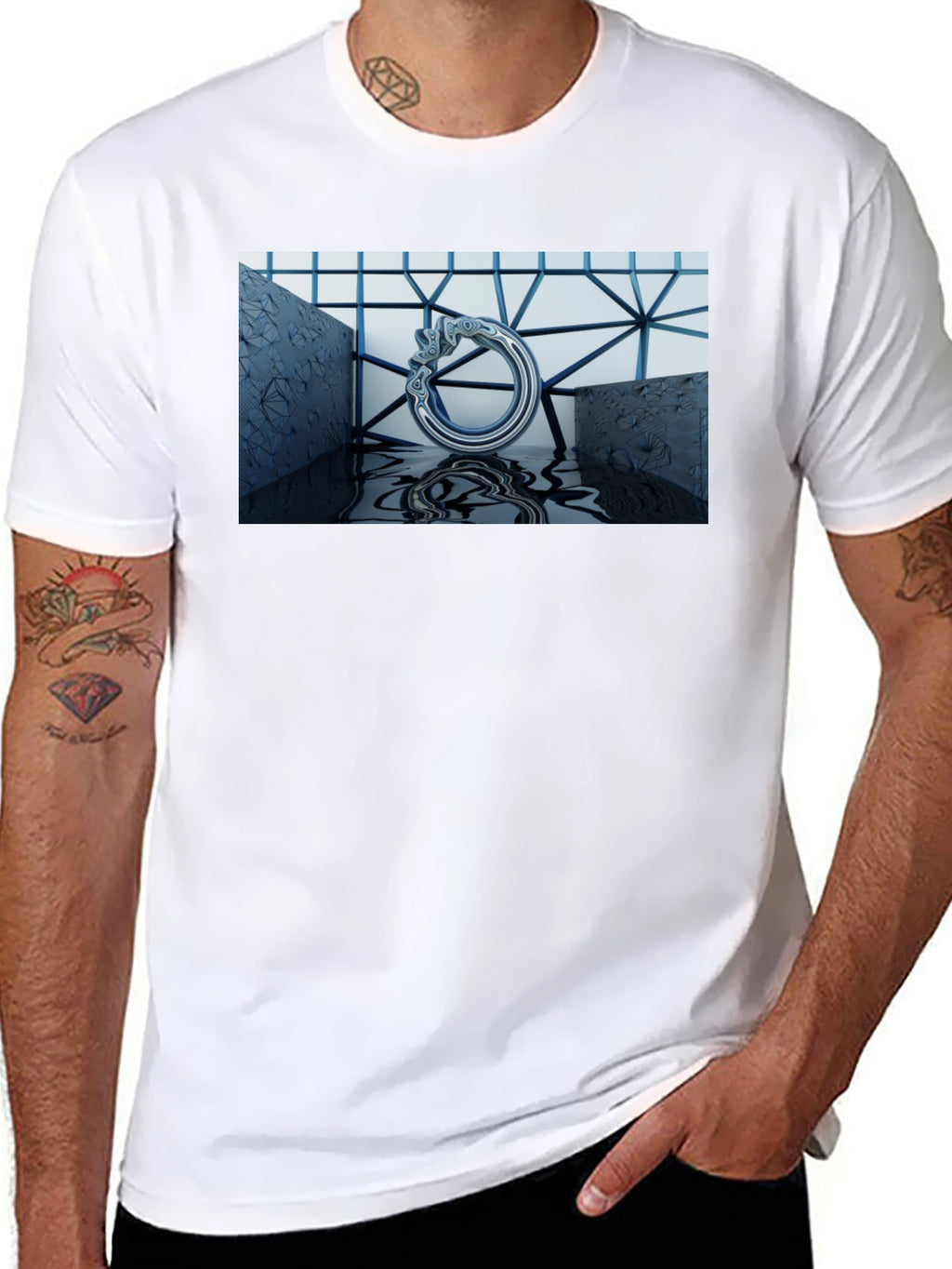 Abstract Silver Ring Design Black T-Shirt