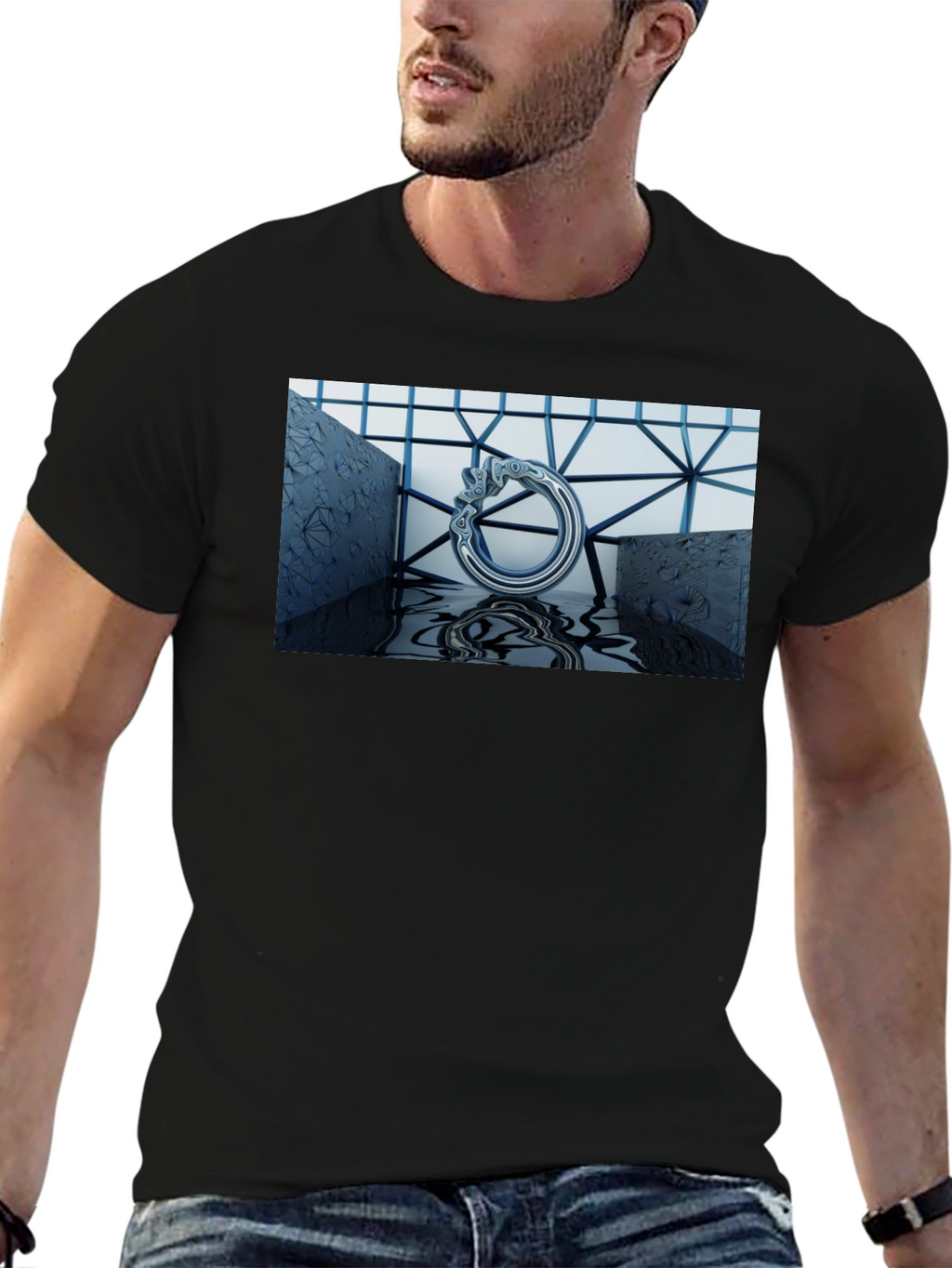Abstract Silver Ring Design Black T-Shirt