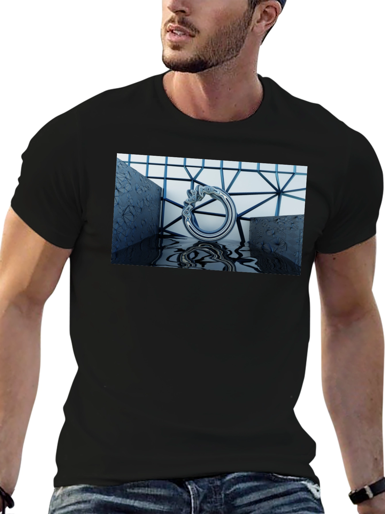 Abstract Silver Ring Design Black T-Shirt