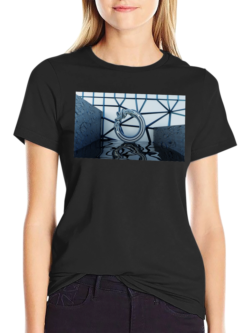 Abstract Silver Ring Design Black T-Shirt