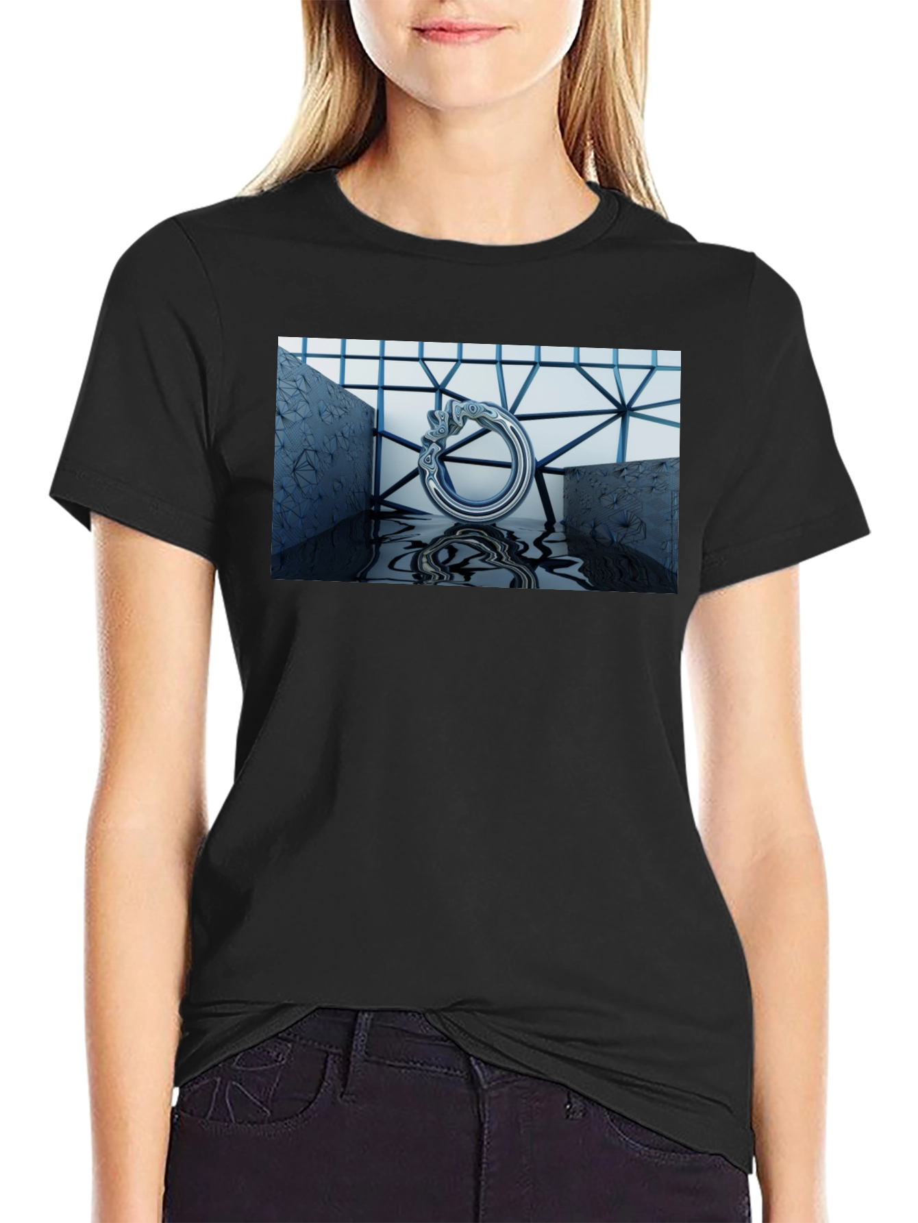 Abstract Silver Ring Design Black T-Shirt