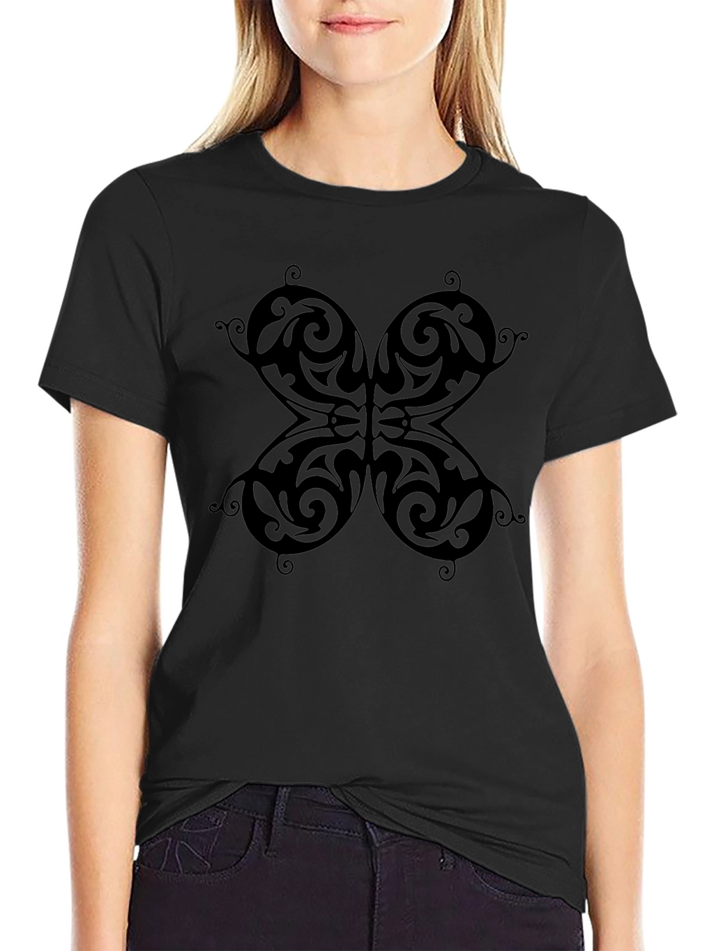 Butterfly Patterned Black T-Shirt