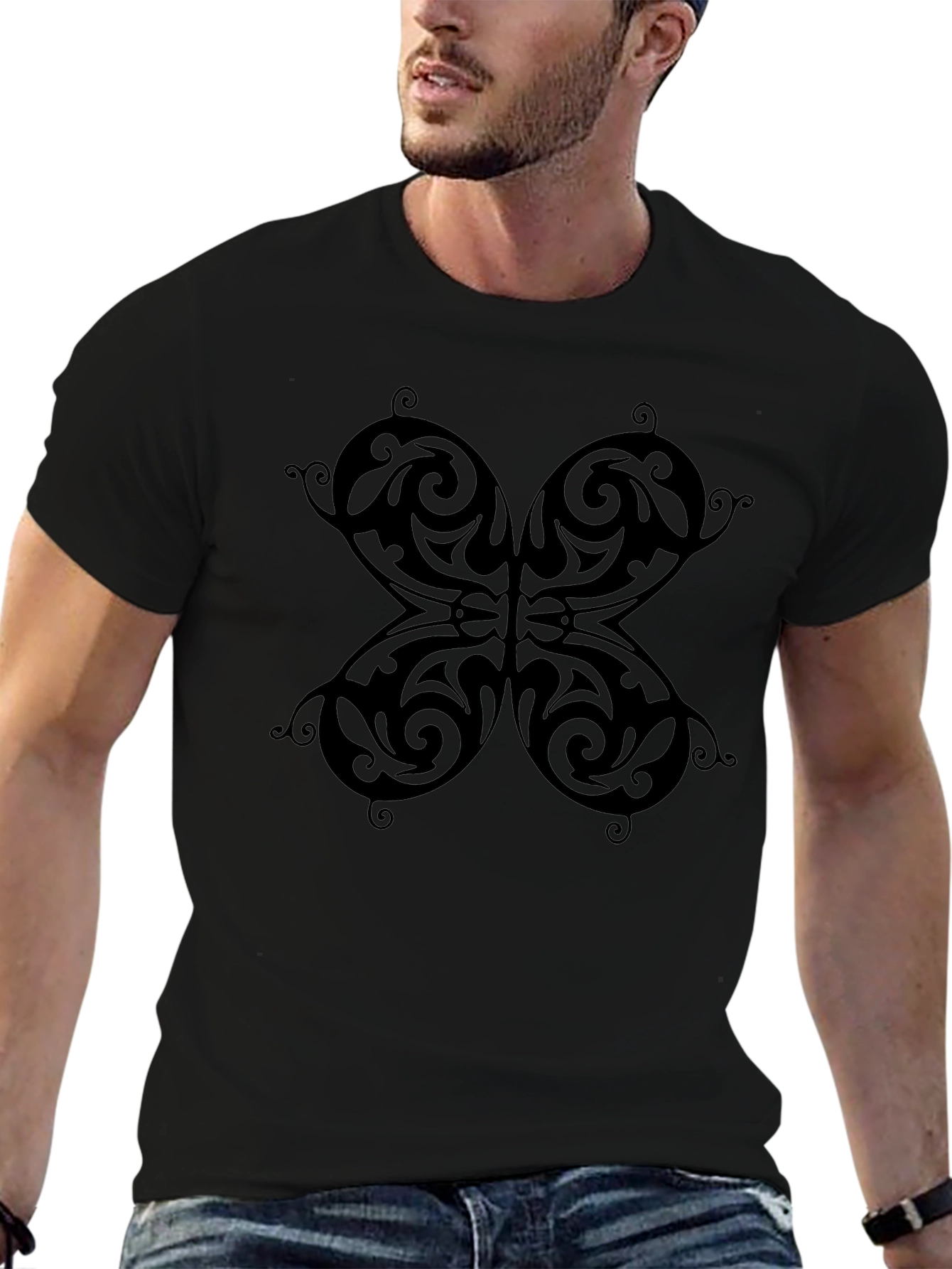 Butterfly Patterned Black T-Shirt