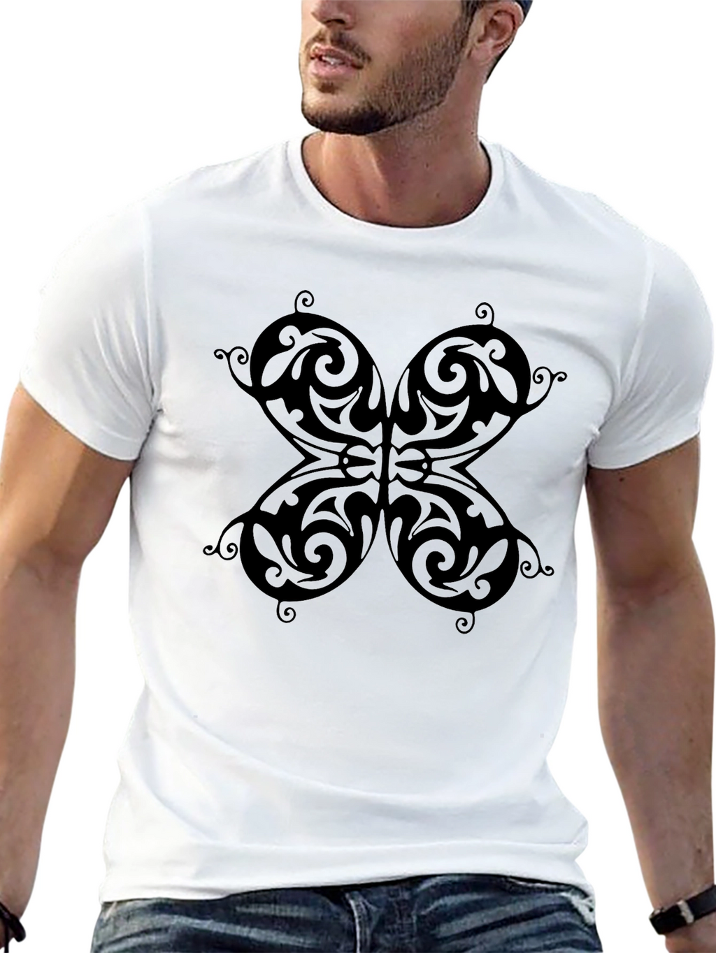 Butterfly Patterned Black T-Shirt